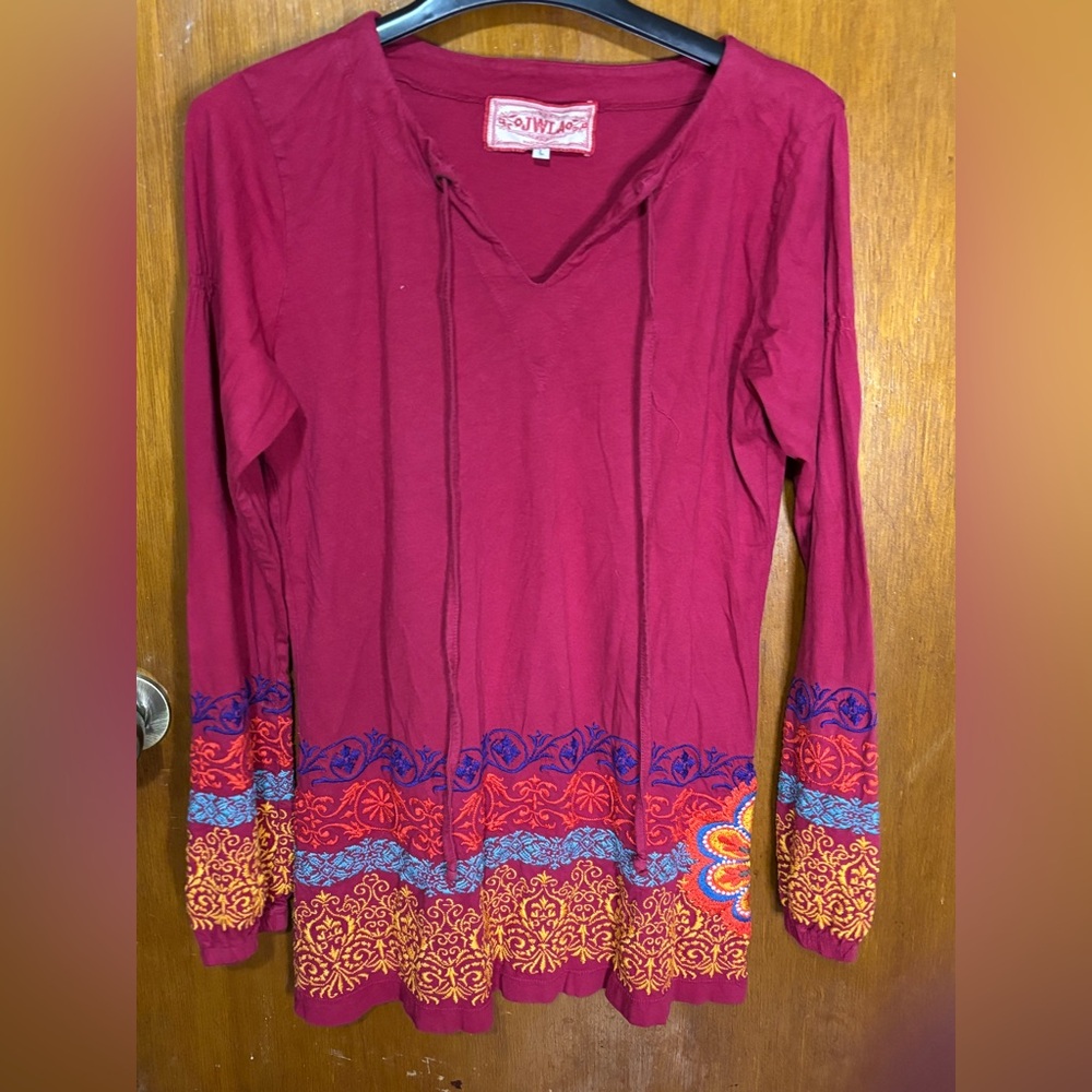 Johnny WAS pink embroidered floral blouse LARGE boho draw strings v neck western